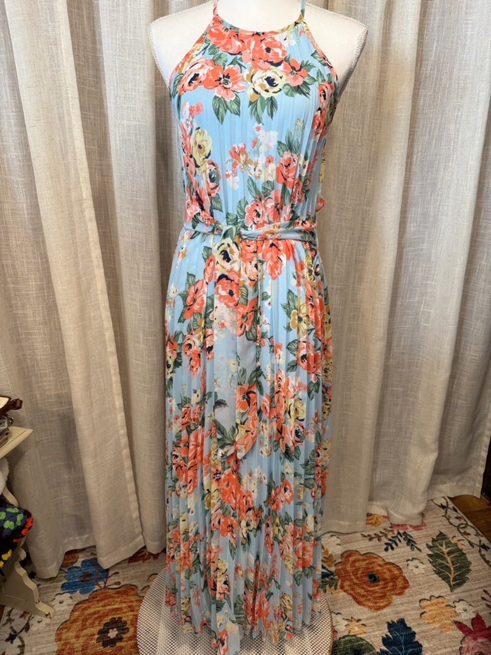 B Darlin Light Blue Floral Halter Maxi Dress with Coral & Yellow Blooms